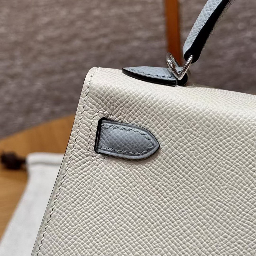 Hermes Kelly Mini 2 19 CM Bag Handmade In Epsom Calfskin Leather Silver Hardware 10 Craie J7 Blue Lin - Image 14