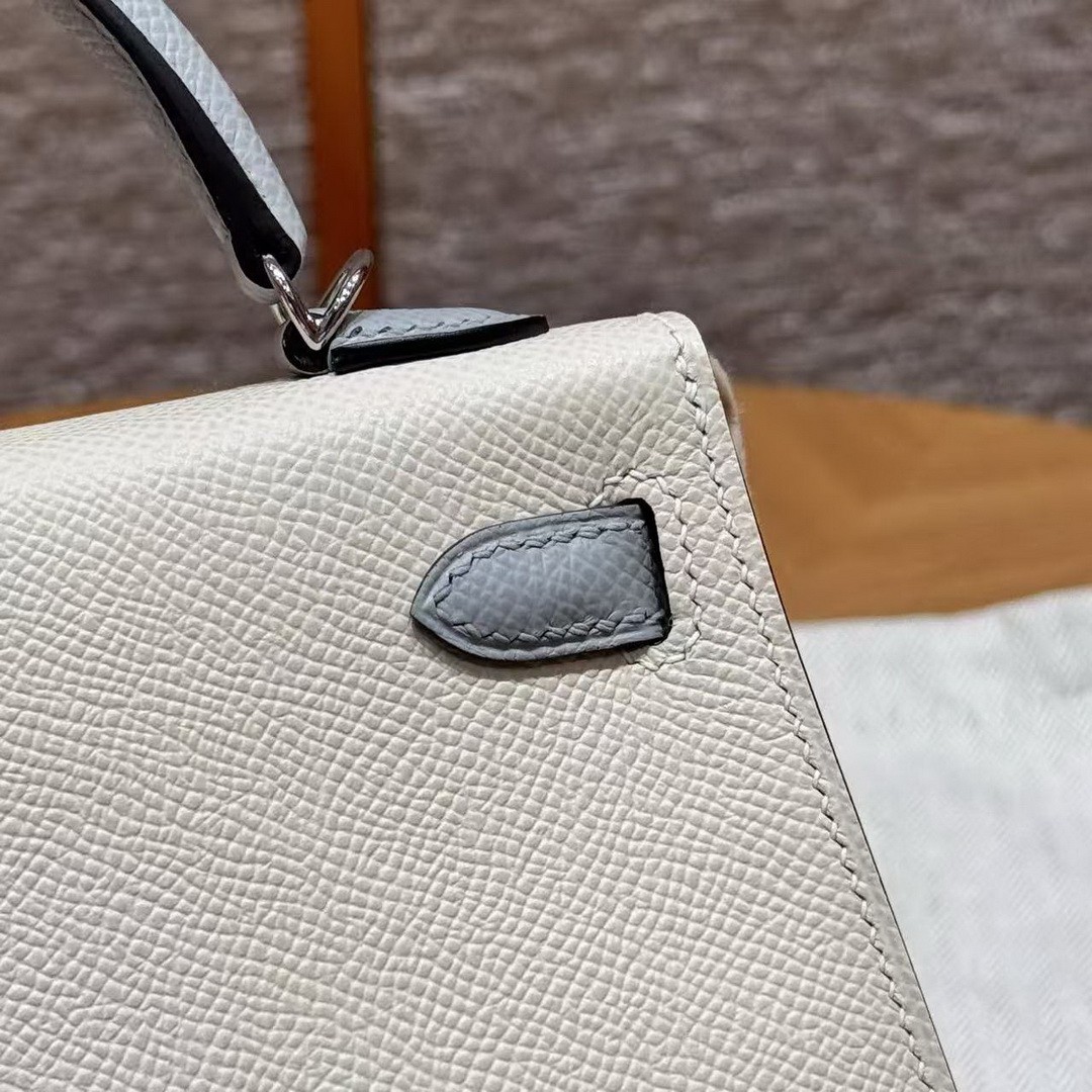 Hermes Kelly Mini 2 19 CM Bag Handmade In Epsom Calfskin Leather Silver Hardware 10 Craie J7 Blue Lin - Image 13