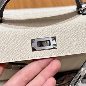 Hermes Kelly Mini 2 19 CM Bag Handmade In Epsom Calfskin Leather Silver Hardware 10 Craie J7 Blue Lin - Image 11