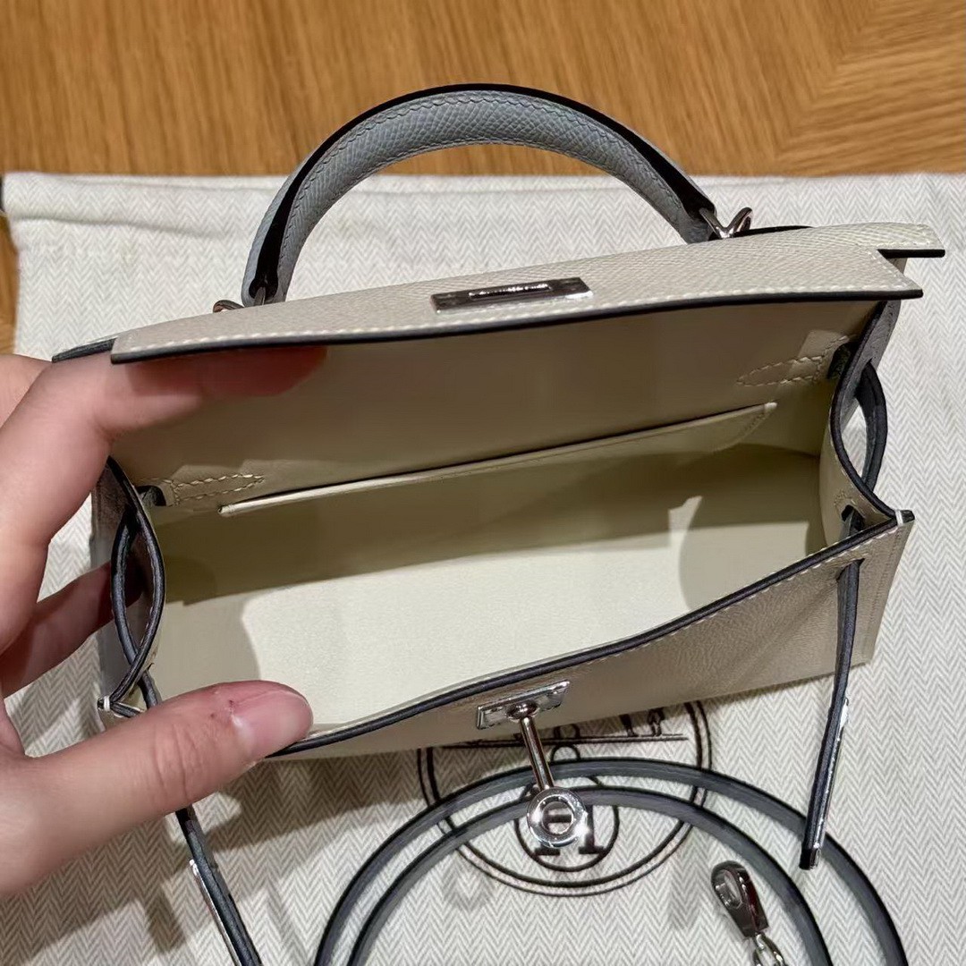 Hermes Kelly Mini 2 19 CM Bag Handmade In Epsom Calfskin Leather Silver Hardware 10 Craie J7 Blue Lin - Image 5