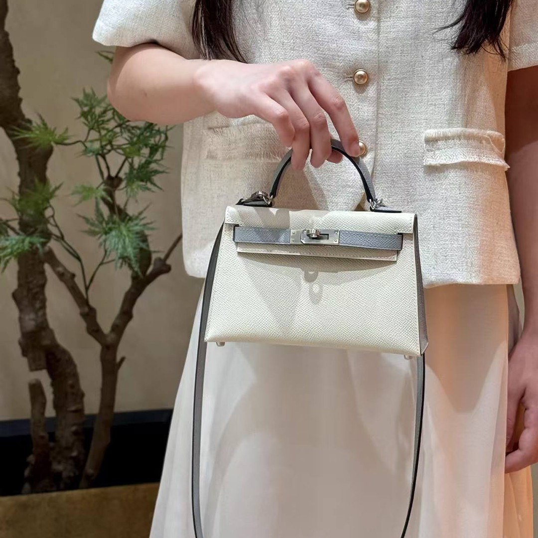 Hermes Kelly Mini 2 19 CM Bag Handmade In Epsom Calfskin Leather Silver Hardware 10 Craie J7 Blue Lin - Image 3
