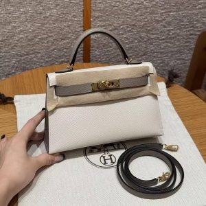 Hermes Kelly Mini 2 19 CM Bag Handmade In Epsom Calfskin Leather Gold Hardware 10 Craie M8 Gris Asphaite