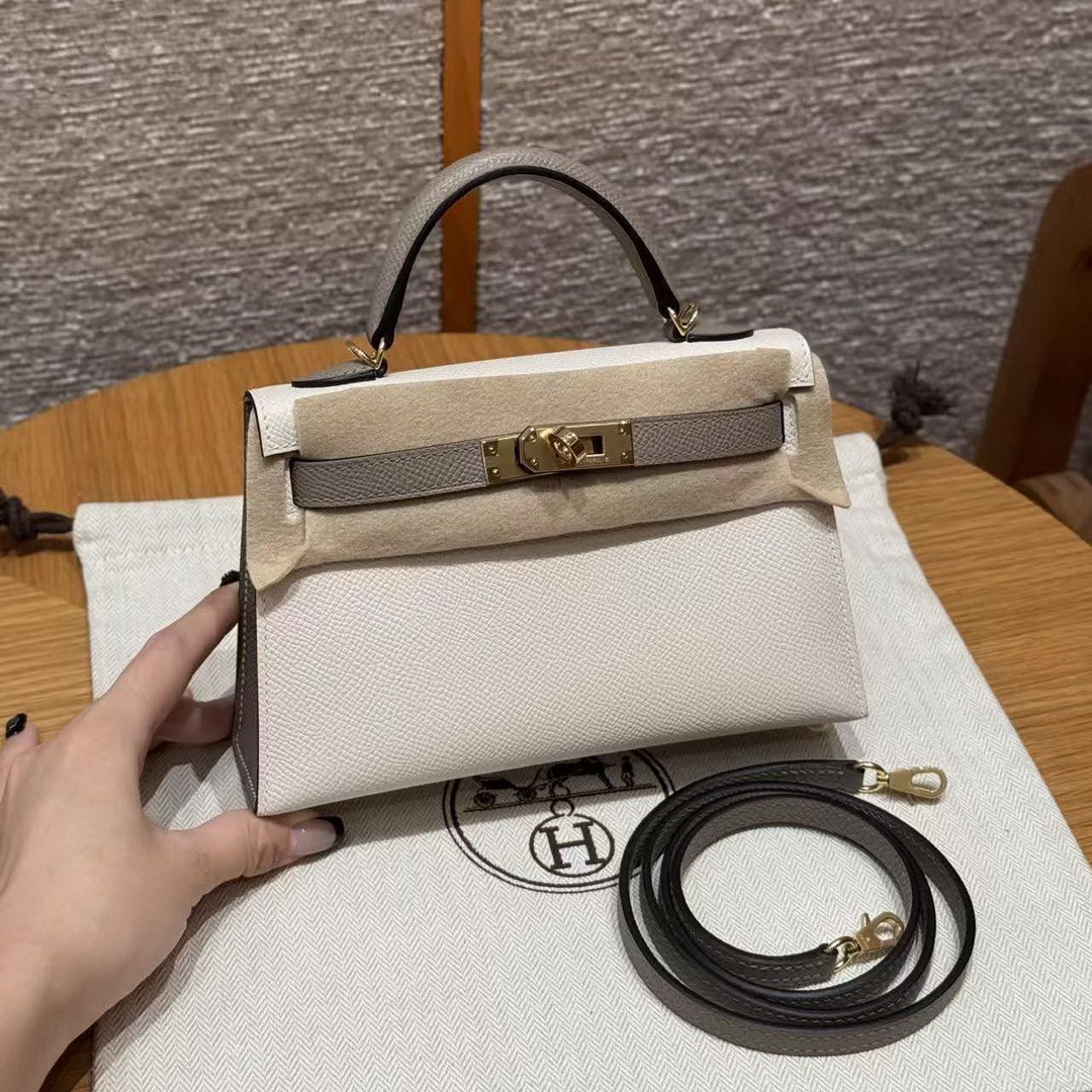 Hermes Kelly Mini 2 19 CM Bag Handmade In Epsom Calfskin Leather Gold Hardware 10 Craie M8 Gris Asphaite