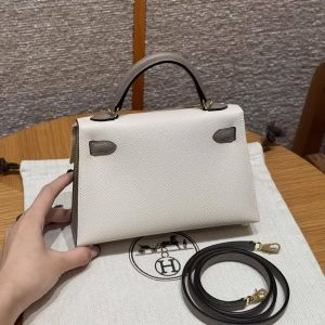 Hermes Kelly Mini 2 19 CM Bag Handmade In Epsom Calfskin Leather Gold Hardware 10 Craie M8 Gris Asphaite - Image 2