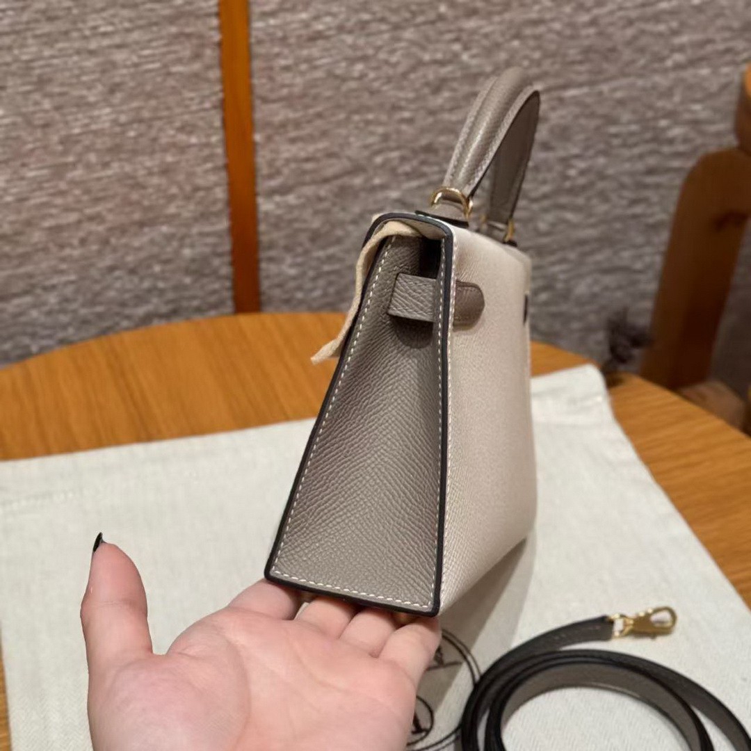 Hermes Kelly Mini 2 19 CM Bag Handmade In Epsom Calfskin Leather Gold Hardware 10 Craie M8 Gris Asphaite - Image 18