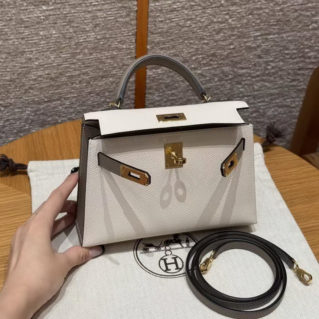Hermes Kelly Mini 2 19 CM Bag Handmade In Epsom Calfskin Leather Gold Hardware 10 Craie M8 Gris Asphaite - Image 17