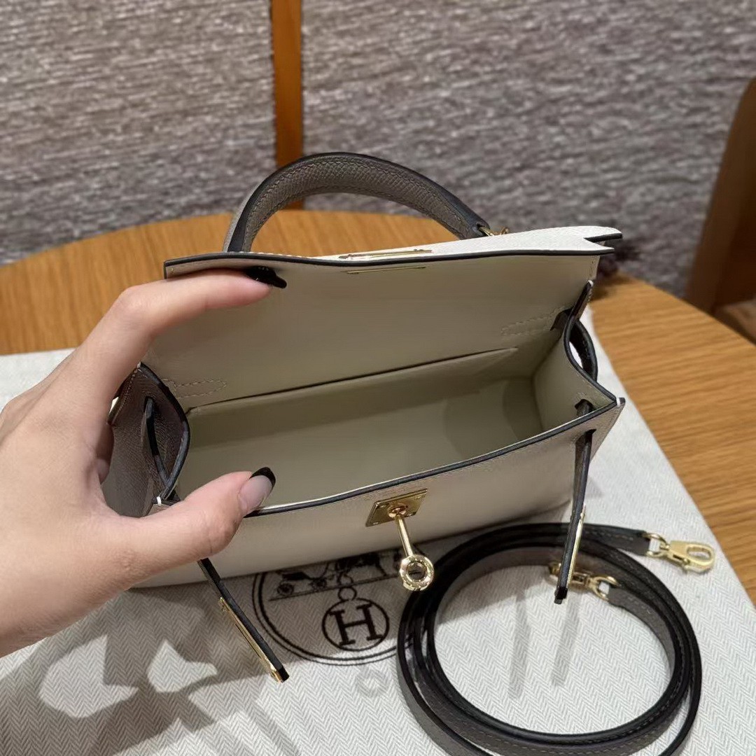 Hermes Kelly Mini 2 19 CM Bag Handmade In Epsom Calfskin Leather Gold Hardware 10 Craie M8 Gris Asphaite - Image 16