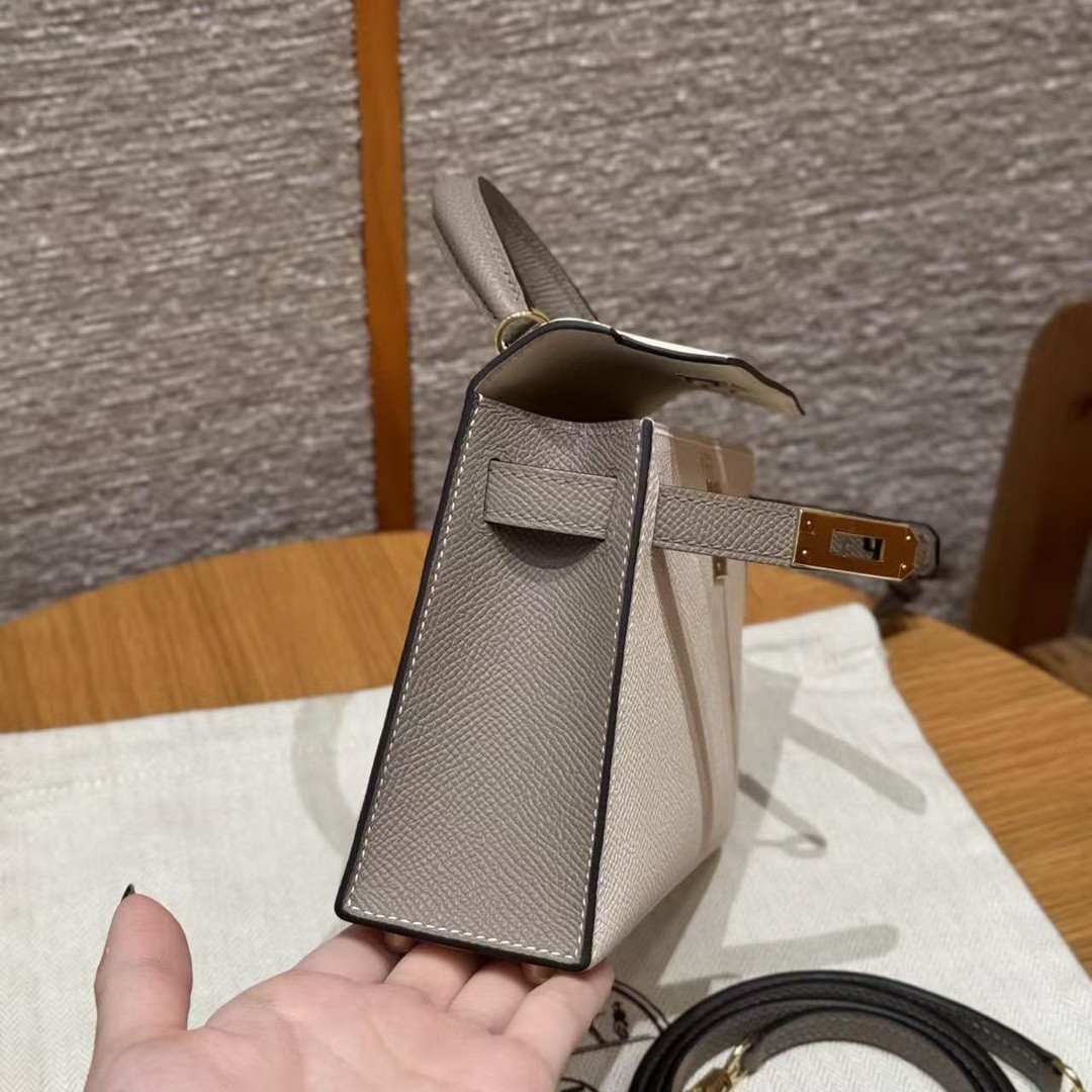 Hermes Kelly Mini 2 19 CM Bag Handmade In Epsom Calfskin Leather Gold Hardware 10 Craie M8 Gris Asphaite - Image 12