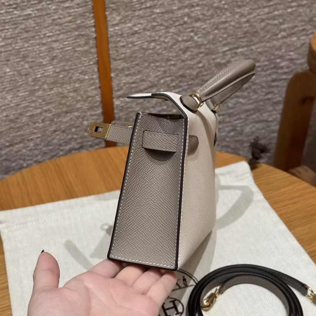 Hermes Kelly Mini 2 19 CM Bag Handmade In Epsom Calfskin Leather Gold Hardware 10 Craie M8 Gris Asphaite - Image 11