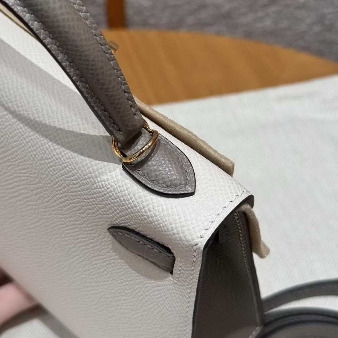 Hermes Kelly Mini 2 19 CM Bag Handmade In Epsom Calfskin Leather Gold Hardware 10 Craie M8 Gris Asphaite - Image 8