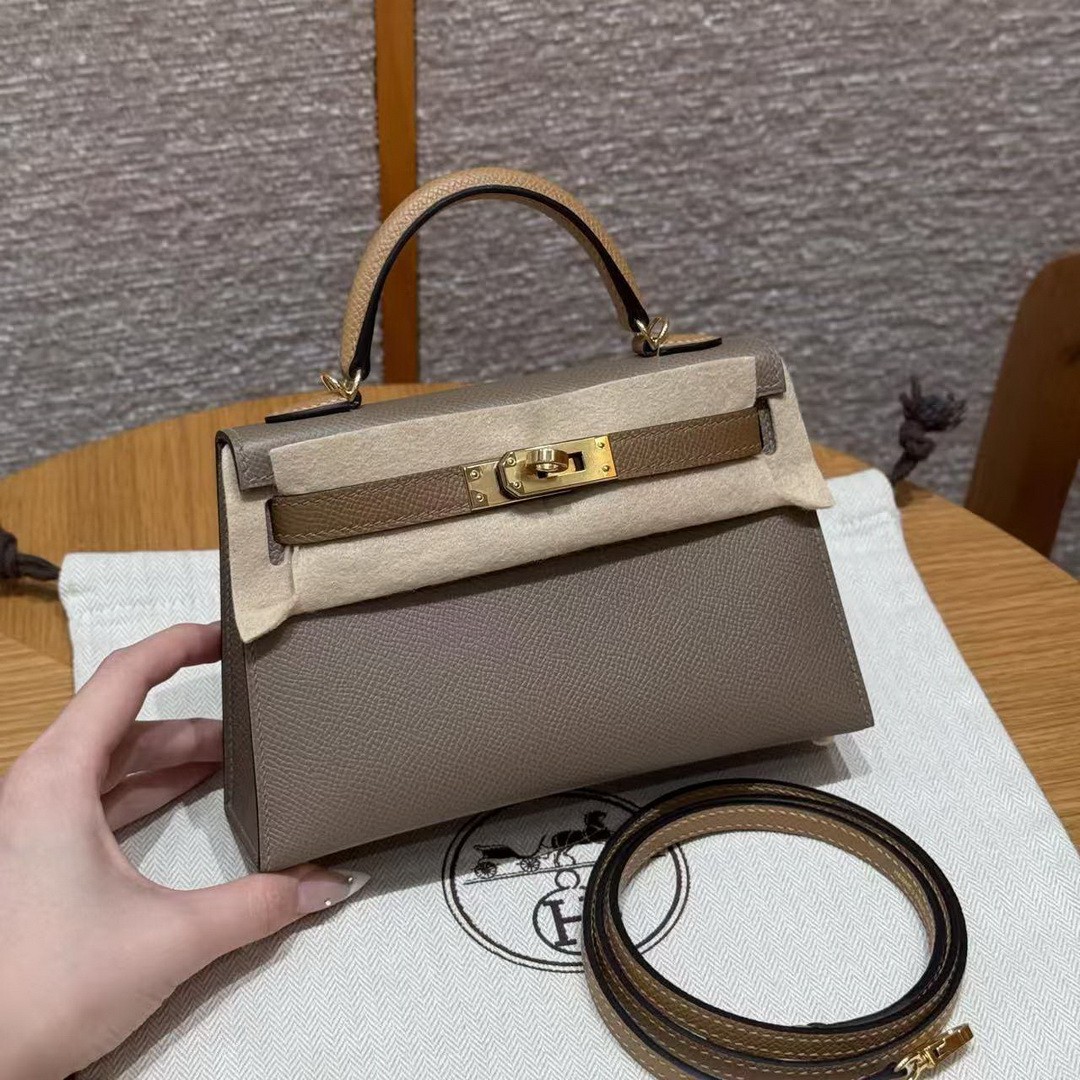 Hermes Kelly Mini 2 19 CM Bag Handmade In Epsom Calfskin Leather Gold Hardware 18 Etoupe 3G Alezan 4B Biscuit
