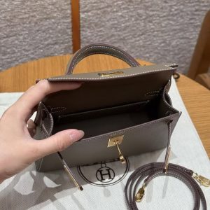Hermes Kelly Mini 2 19 CM Bag Handmade In Chèvre Calfskin Leather Gold Hardware 18 Etoupe - Image 23