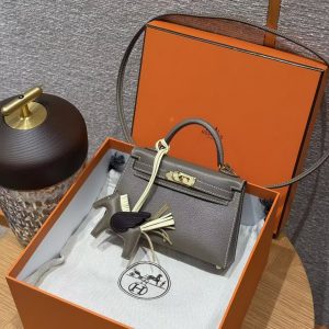 Hermes Kelly Mini 2 19 CM Bag Handmade In Chèvre Calfskin Leather Gold Hardware 18 Etoupe - Image 19