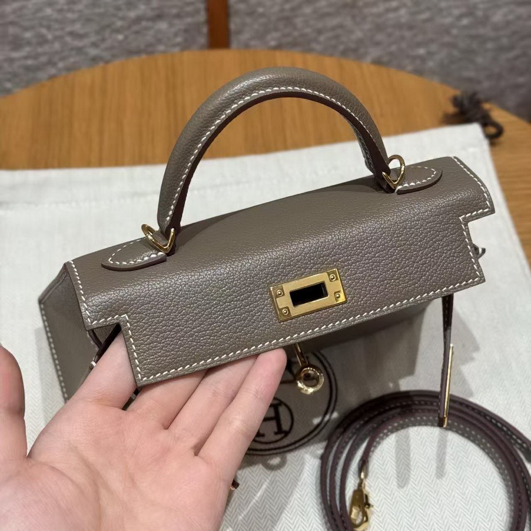 Hermes Kelly Mini 2 19 CM Bag Handmade In Chèvre Calfskin Leather Gold Hardware 18 Etoupe - Image 17