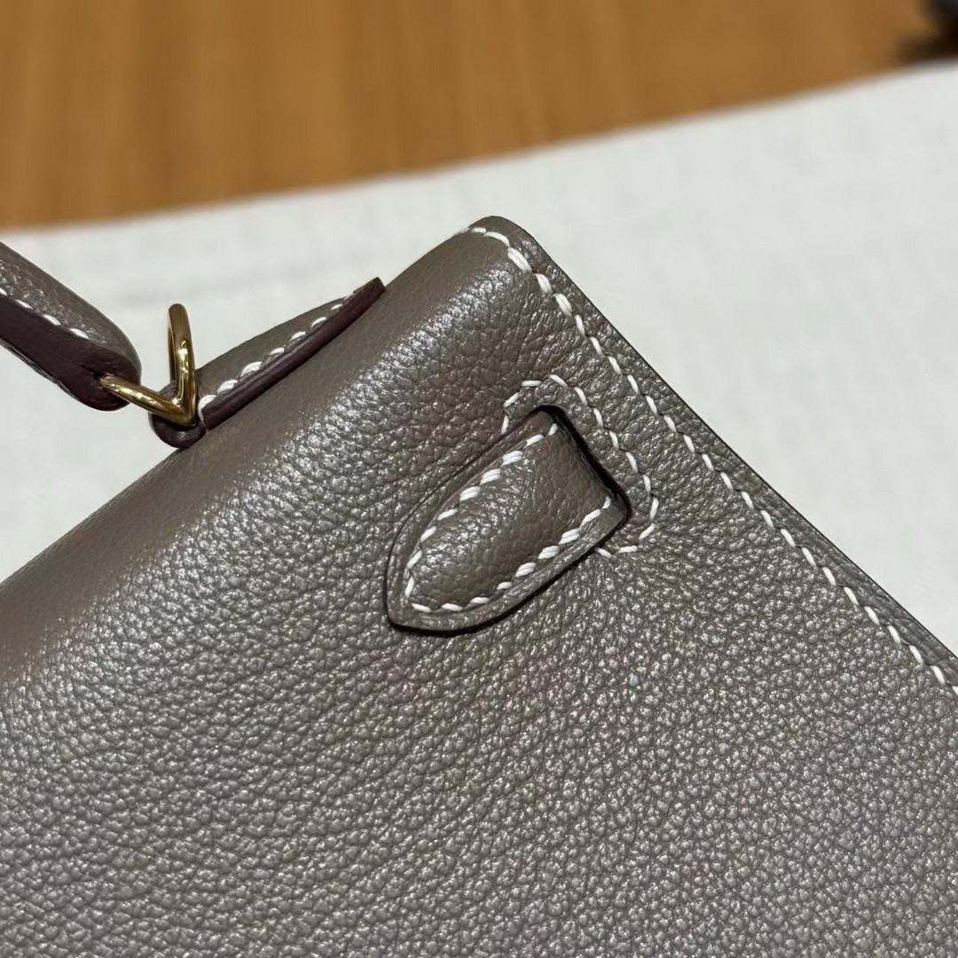 Hermes Kelly Mini 2 19 CM Bag Handmade In Chèvre Calfskin Leather Gold Hardware 18 Etoupe - Image 8