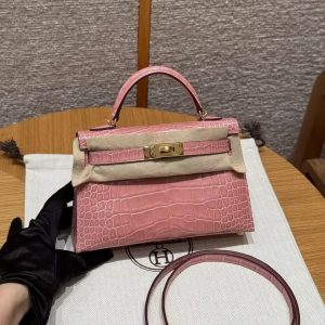 Hermes Kelly Mini 2 19 CM Bag Handmade In Bright American Alligator Leather Gold Hardware 1Q Rose Confetti