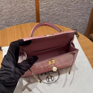 Hermes Kelly Mini 2 19 CM Bag Handmade In Bright American Alligator Leather Gold Hardware 1Q Rose Confetti - Image 16
