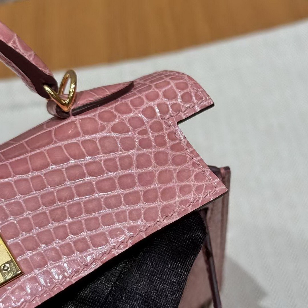 Hermes Kelly Mini 2 19 CM Bag Handmade In Bright American Alligator Leather Gold Hardware 1Q Rose Confetti - Image 14