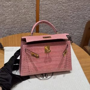 Hermes Kelly Mini 2 19 CM Bag Handmade In Bright American Alligator Leather Gold Hardware 1Q Rose Confetti - Image 10