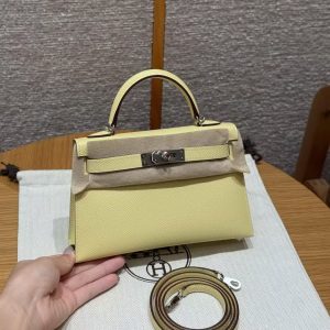 Hermes Kelly Mini 2 19 CM Bag Handmade In Epsom Calfskin Leather Silver Hardware 1Z Jaune Poussin
