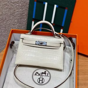 Hermes Kelly Mini 2 19 CM Bag Handmade In Matte Alligator Leather from Mississippi Sliver Hardware 3C Parchemin - Image 11