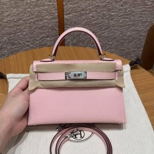 Hermes Kelly Mini 2 19 CM Bag Handmade In Epsom Calfskin Leather Silver Hardware 3Q Rose Sakura