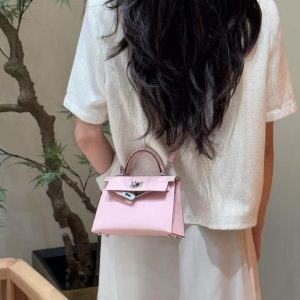 Hermes Kelly Mini 2 19 CM Bag Handmade In Epsom Calfskin Leather Silver Hardware 3Q Rose Sakura - Image 4