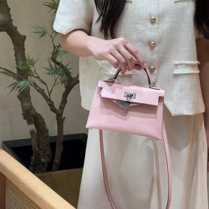 Hermes Kelly Mini 2 19 CM Bag Handmade In Epsom Calfskin Leather Silver Hardware 3Q Rose Sakura - Image 3