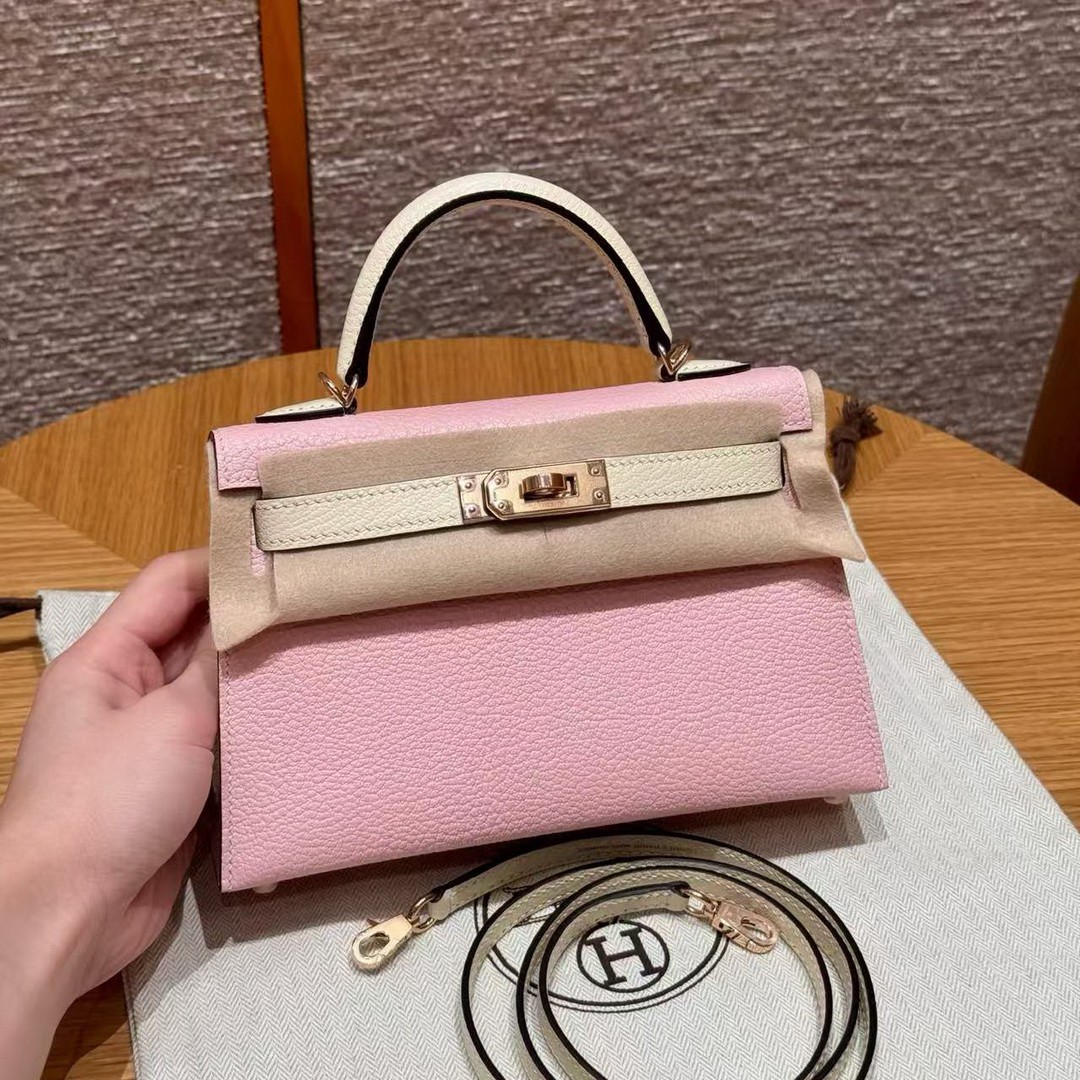 Hermes Kelly Mini 2 19 CM Bag Handmade In Chèvre Calfskin Leather Rose Gold Hardware 3Q Rose Sakura i2 Nata