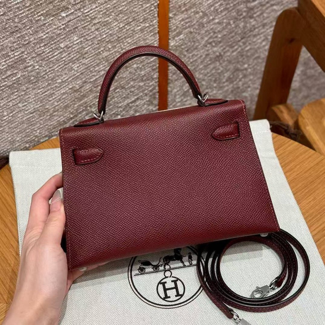 Hermes Kelly Mini 2 19 CM Bag Handmade In Epsom Calfskin Leather Silver Hardware 55 Rouge H - Image 2