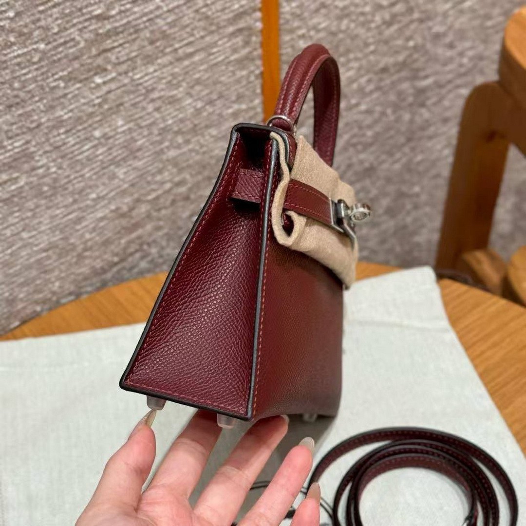 Hermes Kelly Mini 2 19 CM Bag Handmade In Epsom Calfskin Leather Silver Hardware 55 Rouge H - Image 24