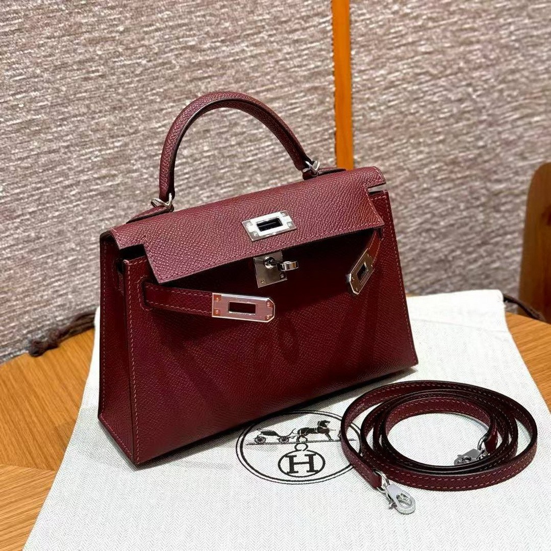 Hermes Kelly Mini 2 19 CM Bag Handmade In Epsom Calfskin Leather Silver Hardware 55 Rouge H - Image 21