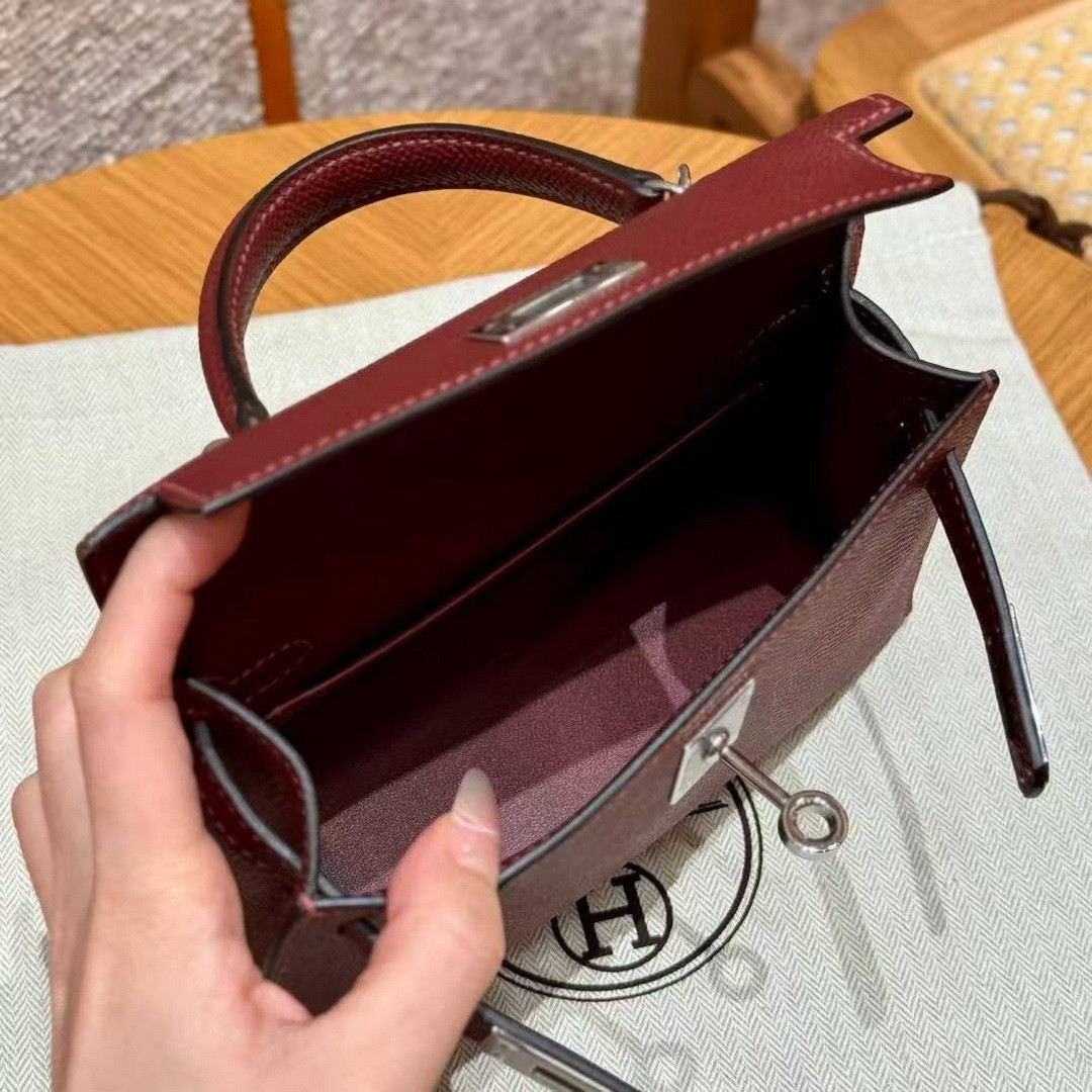 Hermes Kelly Mini 2 19 CM Bag Handmade In Epsom Calfskin Leather Silver Hardware 55 Rouge H - Image 17