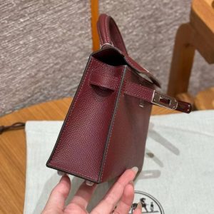 Hermes Kelly Mini 2 19 CM Bag Handmade In Epsom Calfskin Leather Silver Hardware 55 Rouge H - Image 14