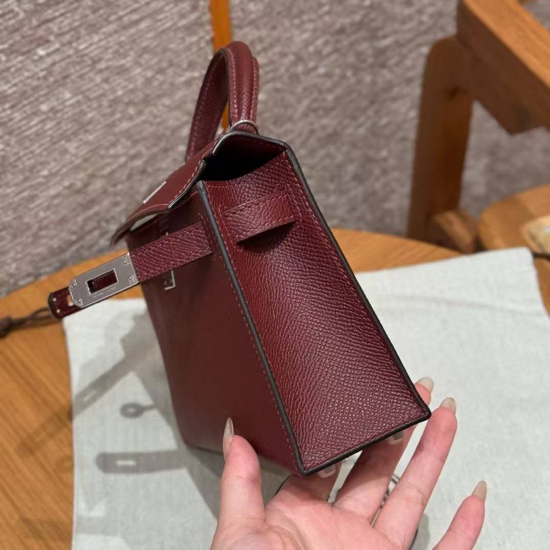 Hermes Kelly Mini 2 19 CM Bag Handmade In Epsom Calfskin Leather Silver Hardware 55 Rouge H - Image 13