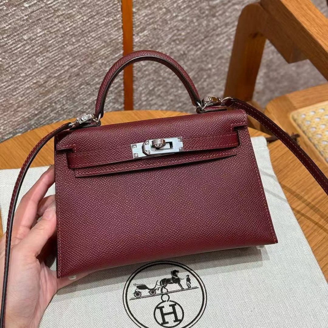 Hermes Kelly Mini 2 19 CM Bag Handmade In Epsom Calfskin Leather Silver Hardware 55 Rouge H - Image 8