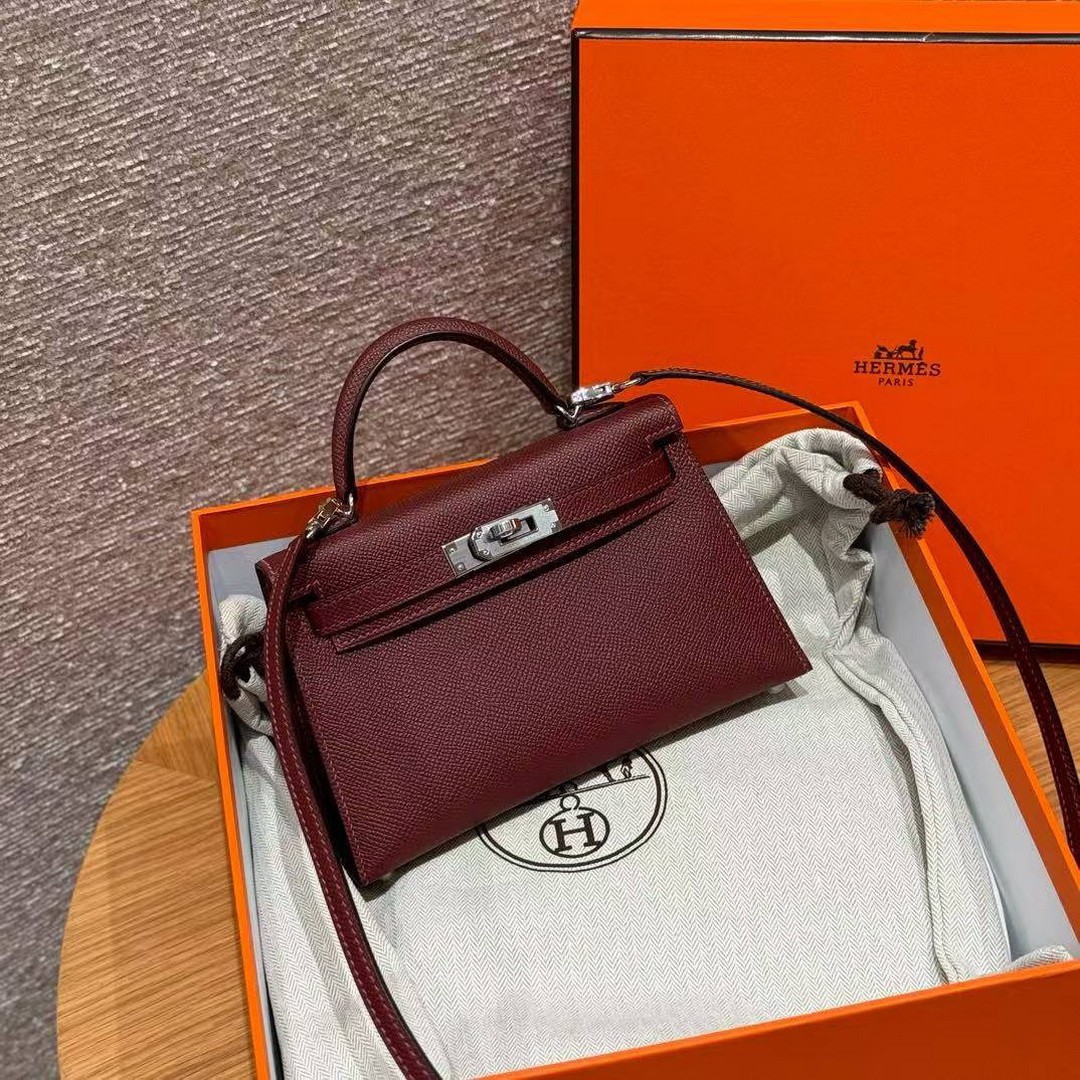 Hermes Kelly Mini 2 19 CM Bag Handmade In Epsom Calfskin Leather Silver Hardware 55 Rouge H - Image 6