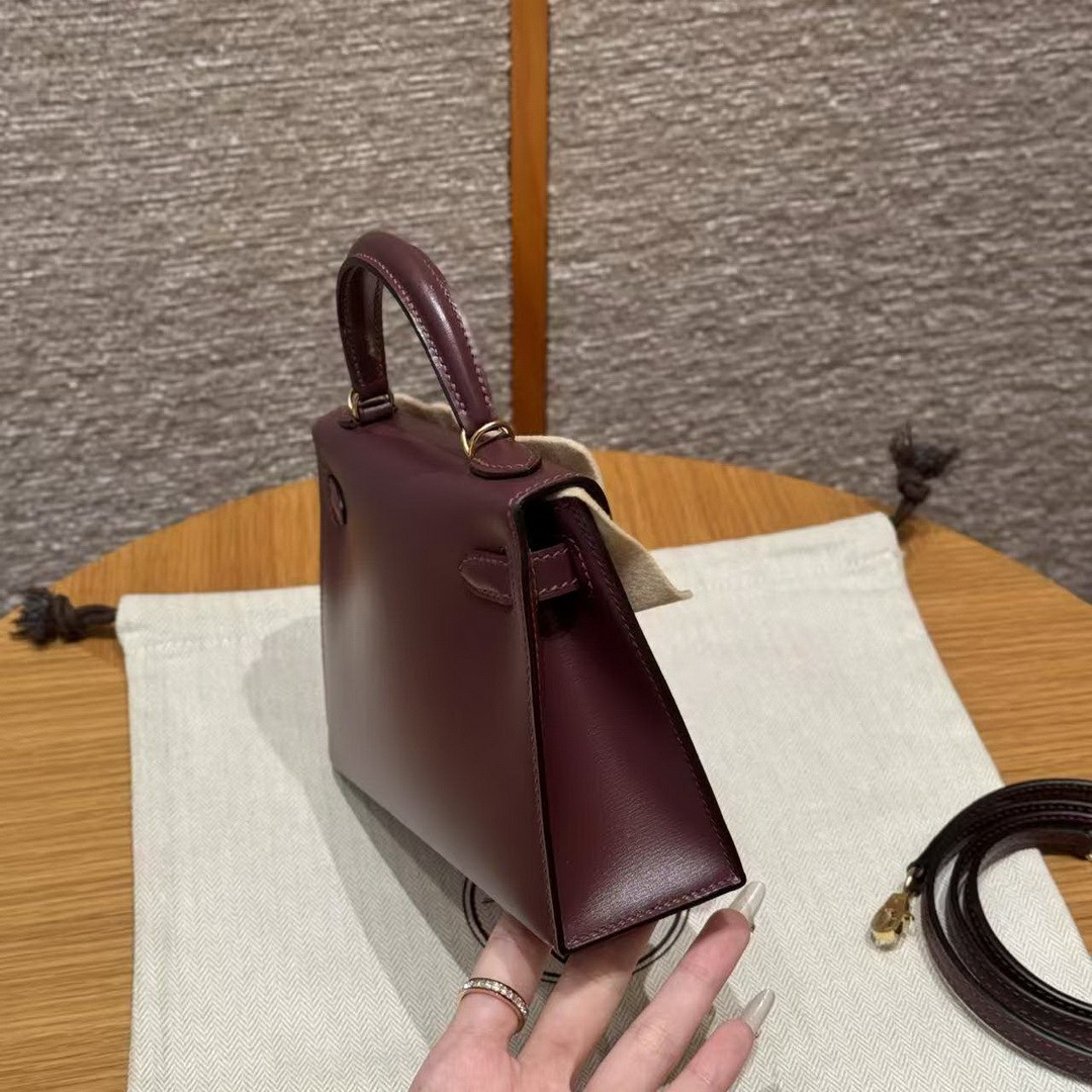 Hermes Kelly Mini 2 19 CM Bag Handmade In Box Calfskin Leather Gold Hardware 57 Bordeaux - Image 17