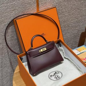 Hermes Kelly Mini 2 19 CM Bag Handmade In Box Calfskin Leather Gold Hardware 57 Bordeaux - Image 12