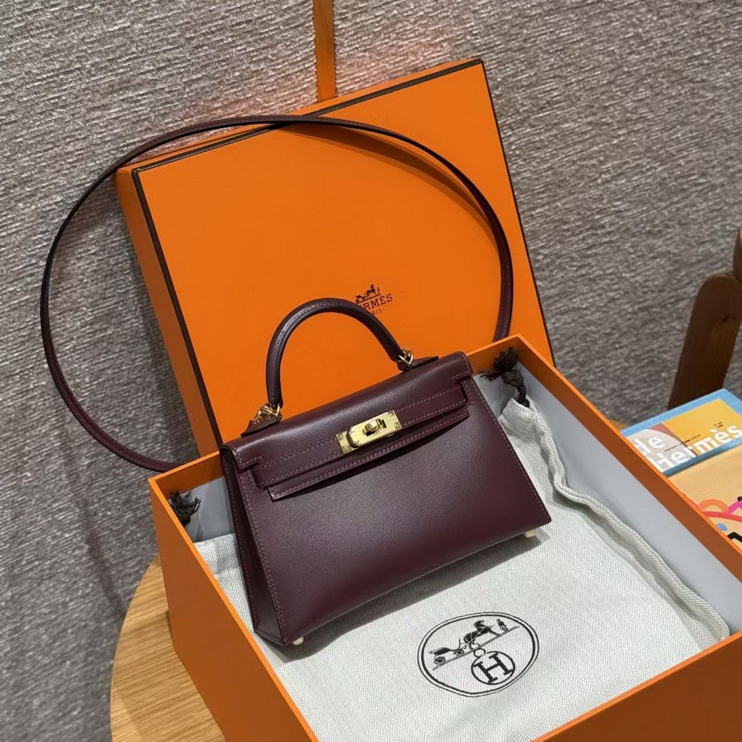 Hermes Kelly Mini 2 19 CM Bag Handmade In Box Calfskin Leather Gold Hardware 57 Bordeaux - Image 12