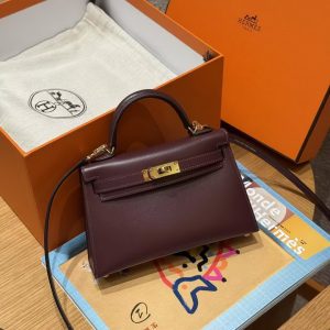 Hermes Kelly Mini 2 19 CM Bag Handmade In Box Calfskin Leather Gold Hardware 57 Bordeaux - Image 11