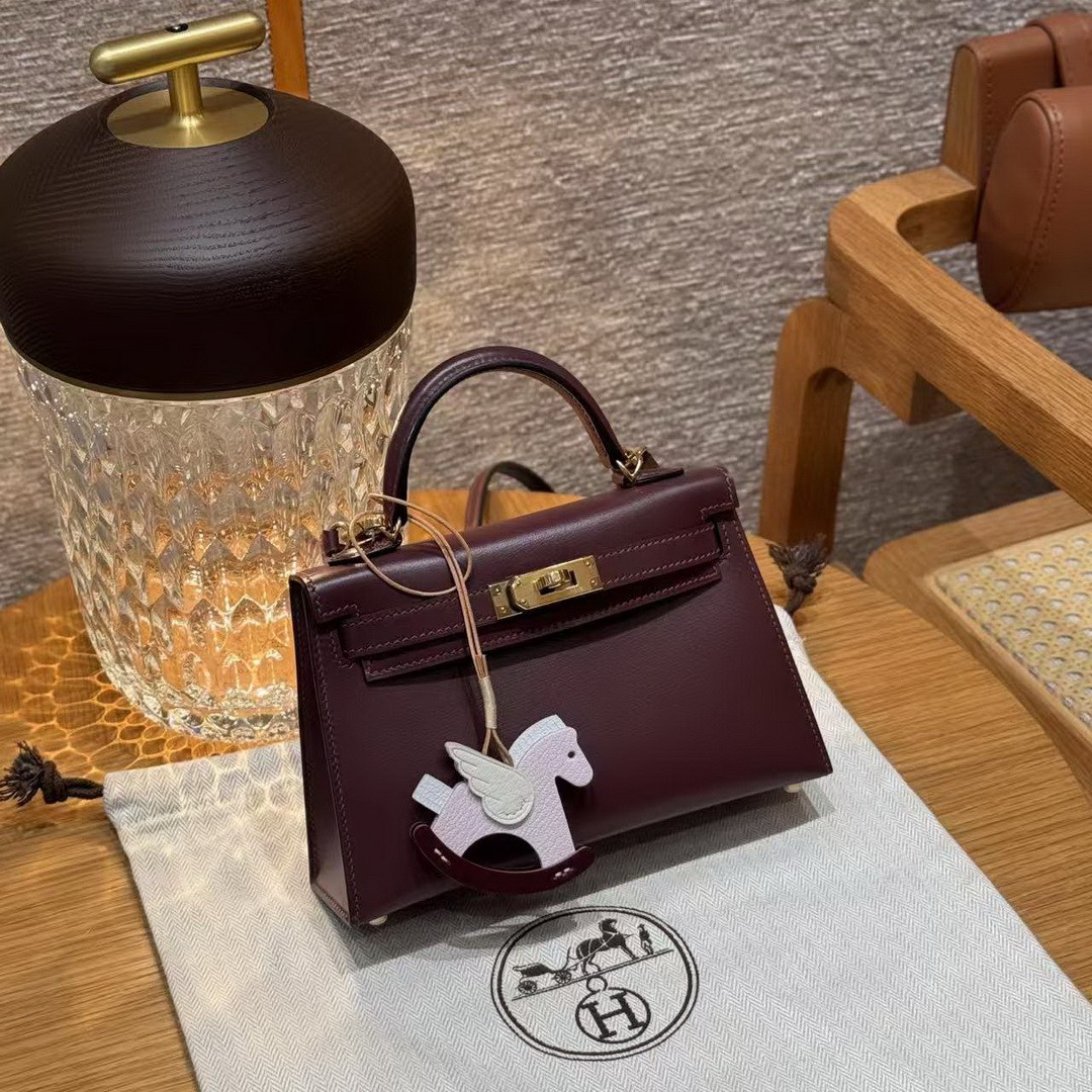 Hermes Kelly Mini 2 19 CM Bag Handmade In Box Calfskin Leather Gold Hardware 57 Bordeaux - Image 10