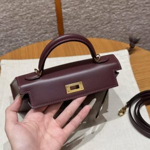 Hermes Kelly Mini 2 19 CM Bag Handmade In Box Calfskin Leather Gold Hardware 57 Bordeaux - Image 9