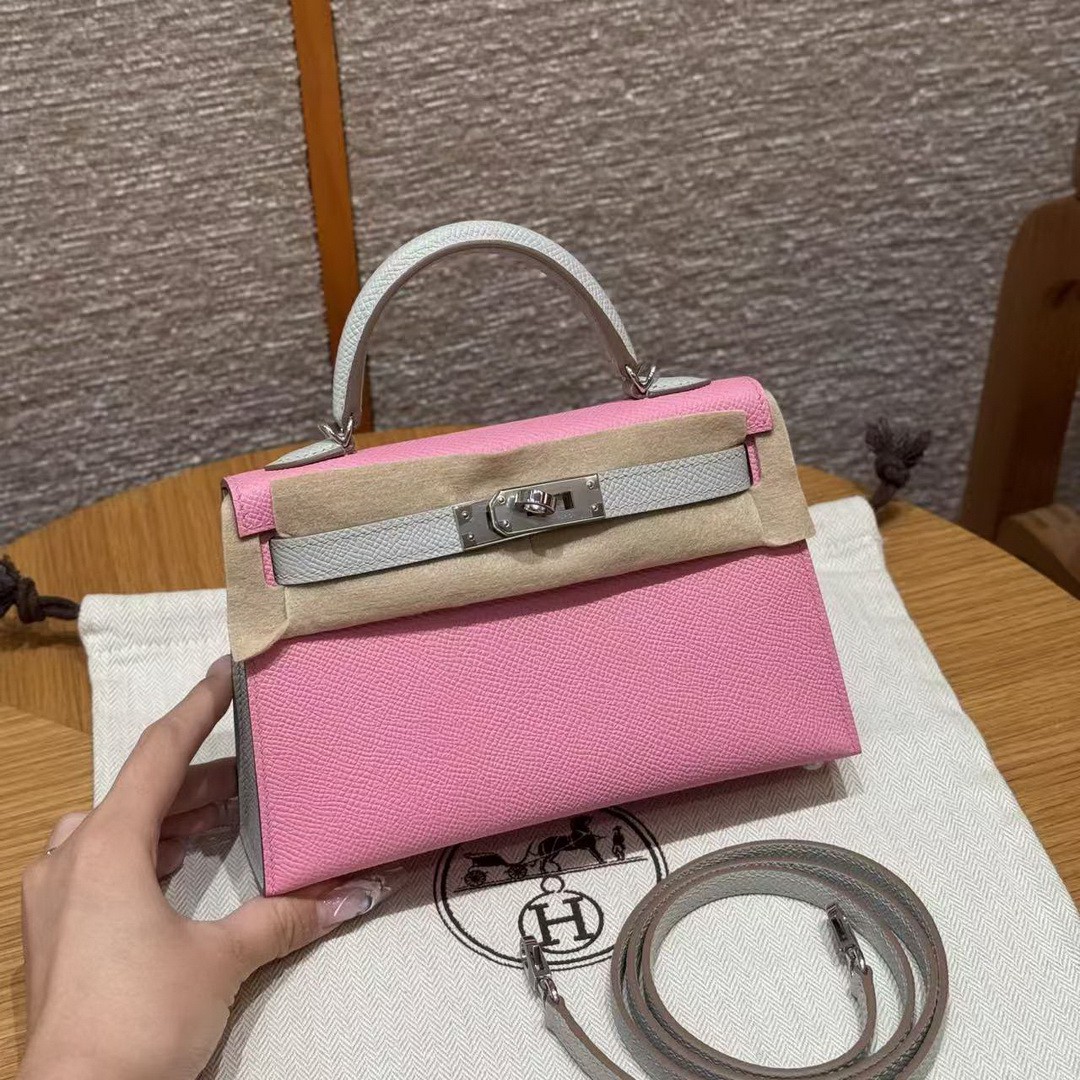 Hermes Kelly Mini 2 19 CM Bag Handmade In Epsom Calfskin Leather Silver Hardware 5P Pink 80 Gris Perle