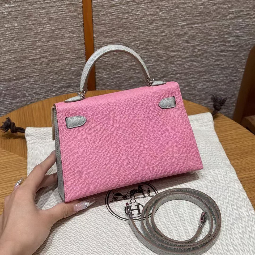 Hermes Kelly Mini 2 19 CM Bag Handmade In Epsom Calfskin Leather Silver Hardware 5P Pink 80 Gris Perle - Image 2
