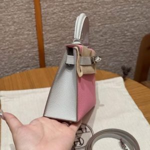 Hermes Kelly Mini 2 19 CM Bag Handmade In Epsom Calfskin Leather Silver Hardware 5P Pink 80 Gris Perle - Image 19