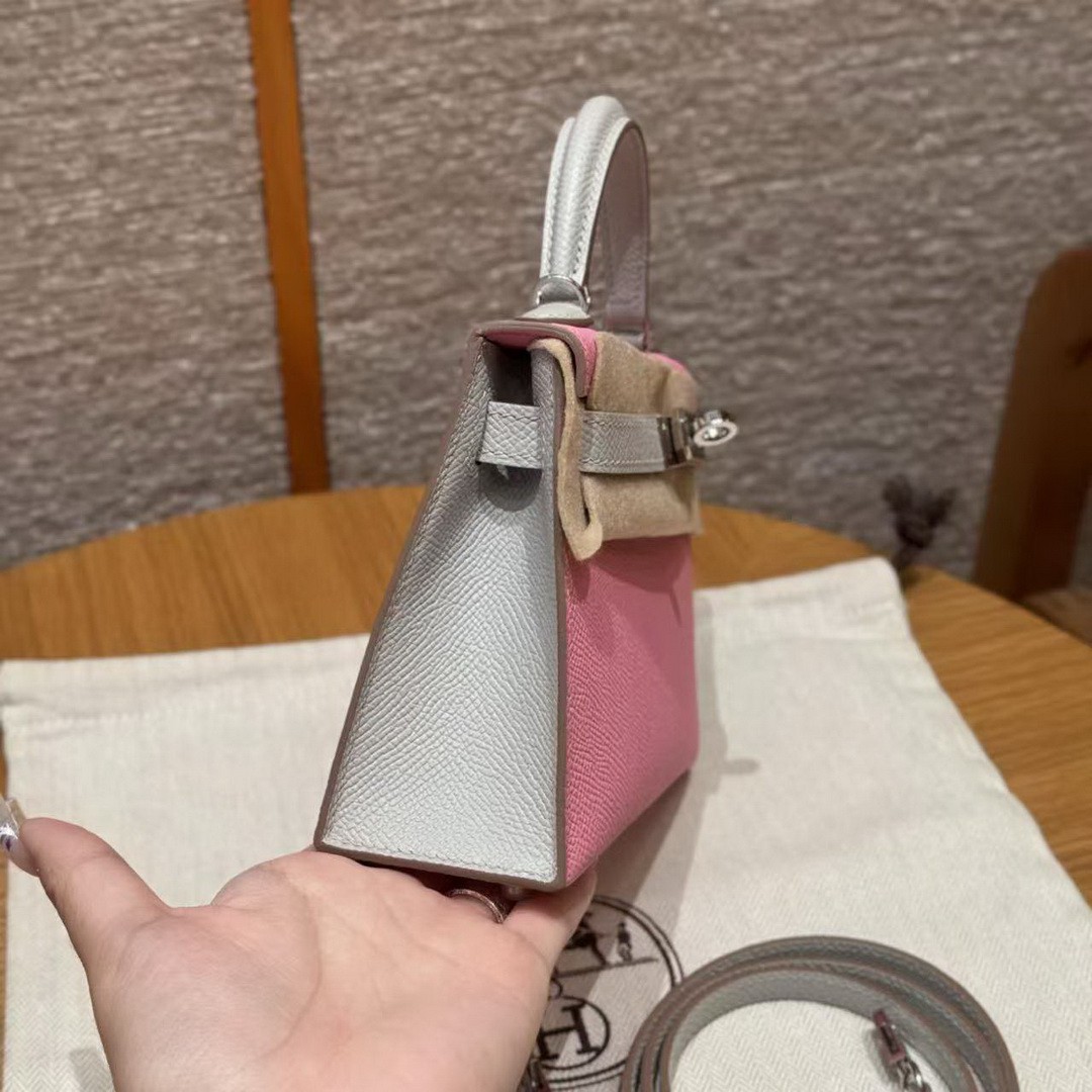 Hermes Kelly Mini 2 19 CM Bag Handmade In Epsom Calfskin Leather Silver Hardware 5P Pink 80 Gris Perle - Image 19