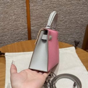 Hermes Kelly Mini 2 19 CM Bag Handmade In Epsom Calfskin Leather Silver Hardware 5P Pink 80 Gris Perle - Image 18