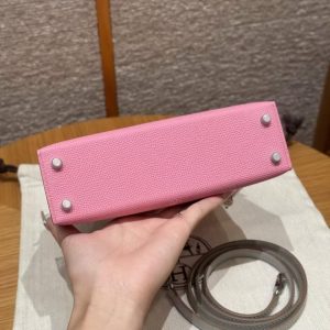 Hermes Kelly Mini 2 19 CM Bag Handmade In Epsom Calfskin Leather Silver Hardware 5P Pink 80 Gris Perle - Image 17