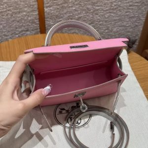 Hermes Kelly Mini 2 19 CM Bag Handmade In Epsom Calfskin Leather Silver Hardware 5P Pink 80 Gris Perle - Image 16